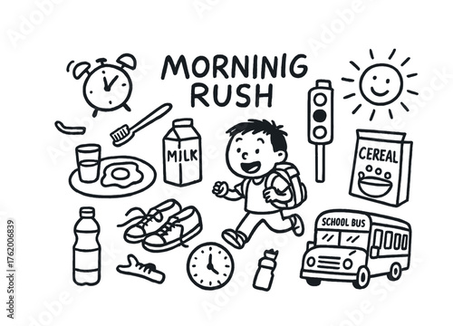 Child's busy morning routine with breakfast and school preparation