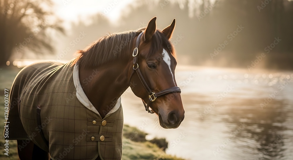 Obraz premium Elegant Horse in a Coat by the Water.