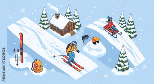 Isometric Winter Activities Set – Skier, Sled & Ski Gear for Seasonal Adventure