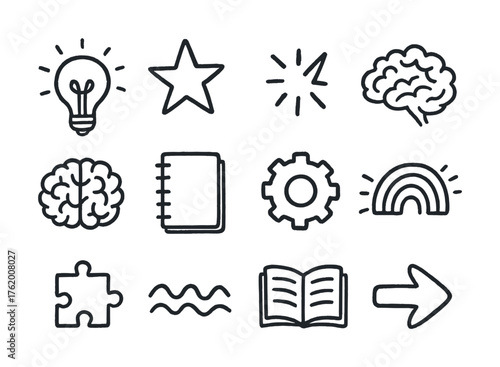 Hand-drawn icon set: lightbulb, brain, book, star, rainbow, gear, arrow, puzzle
