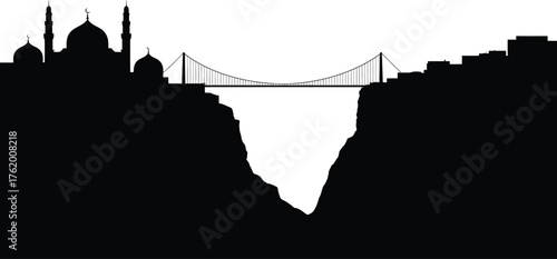 Silhouette City Skyline with Bridge Over Canyon on Clear Backdrop Vector