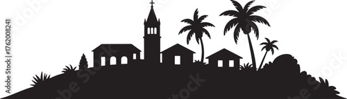 Tropical Island Village Silhouette Palm Trees Church Exotic Vacation Architectural Outline Design Art