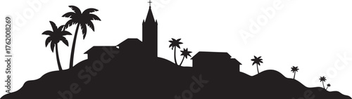 Tropical Island Village Silhouette Palm Trees Church Exotic Vacation Architectural Outline Design Art