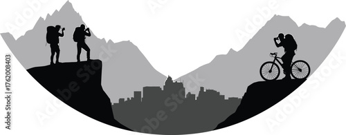 Photographers Capture Skyline Cityscape Silhouette Surrounded by Mountain Vector Art