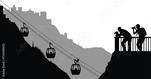 Cable Car Silhouette Hillside View, Observing People on Transparent Backdrop