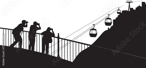 Tourists Viewing Cable Car Hill Silhouette Transparent Background Image