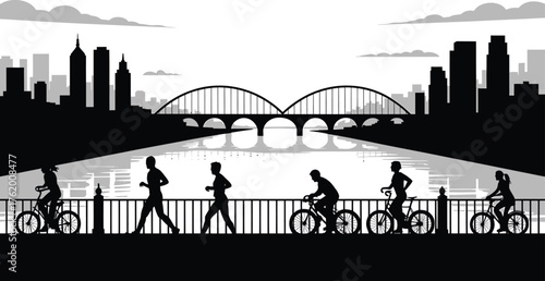City Skyline Silhouette Active People Cycling Running on Bridge Vector Illustration
