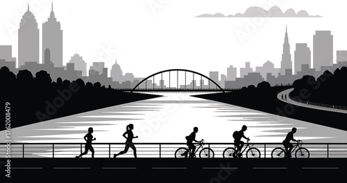 Urban River Sport Silhouette Cityscape Background Bridge Joggers Cyclists