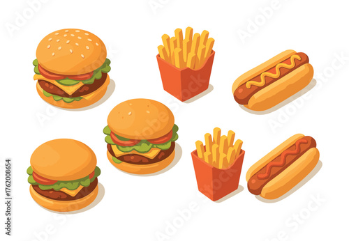 Variety of fast food: burgers, hot dogs, and french fries on white background