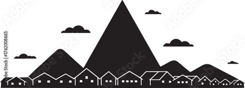 Mountain Village Silhouette with Houses and Peaks Landscape Illustration Design