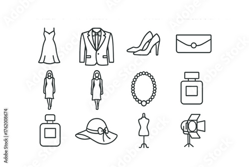 Fashion icons set: dress, suit, heels, necklace, perfume, hat, mannequin, lighting