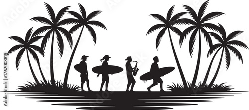 Beach Scene Silhouette with Palm Trees Surfers and Musician Outdoor Recreation Vector