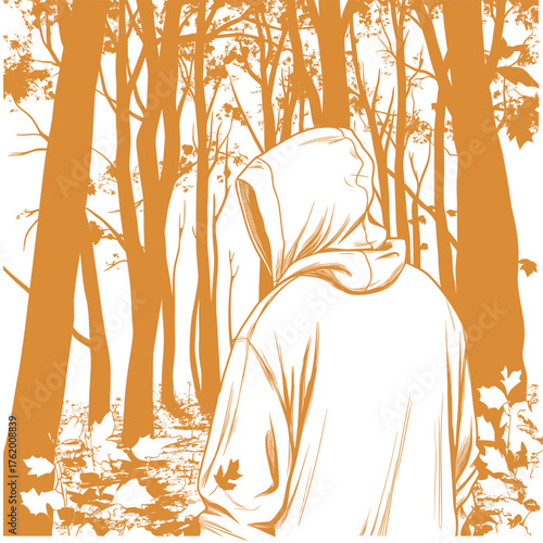 vector line art illustration of hoodie in a serene winter forest with snowfall