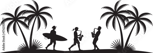 Coastal Scene Silhouette with Palm Trees Musicians and Surfers Leisure Activity Vector