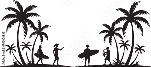 Tropical Paradise Beach Scene Silhouette Featuring Surfers Musician and Palms Vector Graphic