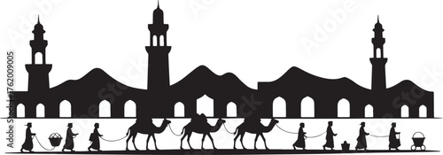 Detailed Silhouette Middle Eastern Skyline Camels People Vector Scenic Design