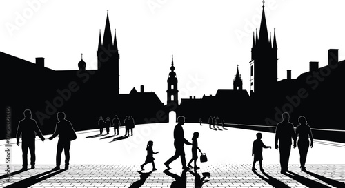 Cityscape Silhouette Pedestrians on Bridge Old Town Czechia vector Scene
