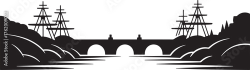 Maritime Silhouette Artwork Nautical Scene with Bridge and Tall Ships Design