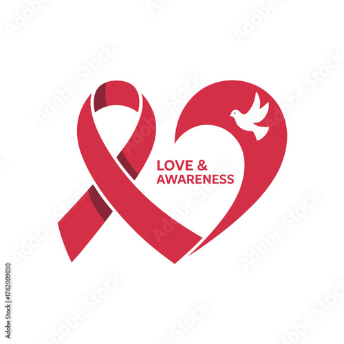 Love and awareness heart, ribbon with dove, peace and hope message, compassion charity symbol, wellness education vector