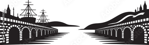 Historic Harbor Silhouette with Sailing Ship on Pier with Arches Water Scenery