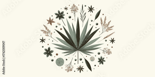 Ornate botanical composition featuring a hemp leaf at the center, encircled by delicate wildflowers, seeds, and foliage in a decorative folk art style