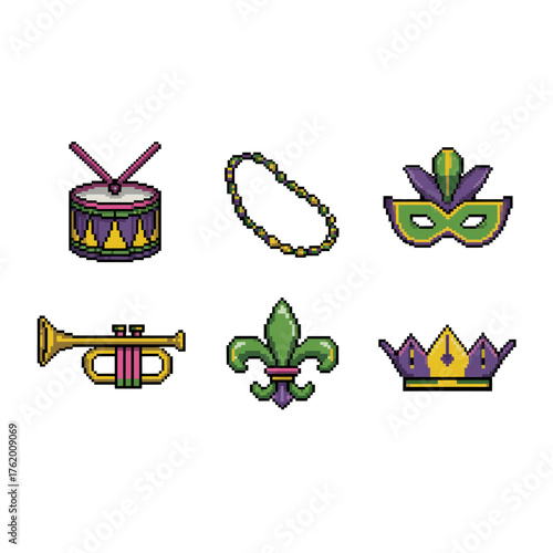 Mardi Gras clipart set, masks beads drums trumpets, fleur de lis crowns, festive carnival elements vector