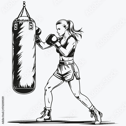 female boxer hits a punching bag sketch illustration vector