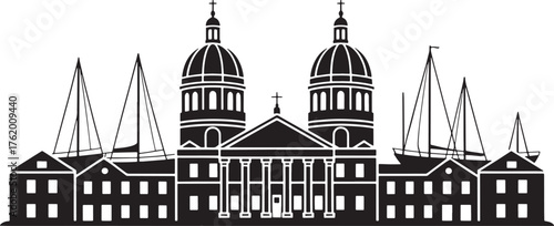 Silhouette City Vector Building Landscape Art Design with Houses Yachts and Waterfront