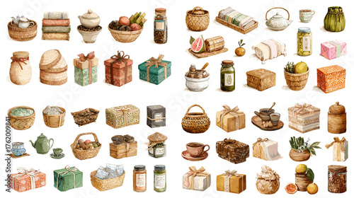 Rustic watercolor kitchen and pantry set with baskets, jars, tea pots, herbs, and wrapped gifts. Great for organic lifestyle, food packaging, or farm-style designs.