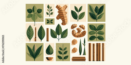 Botanical Harmony Ginger & Green Leaves in a Square Grid Arrangement
