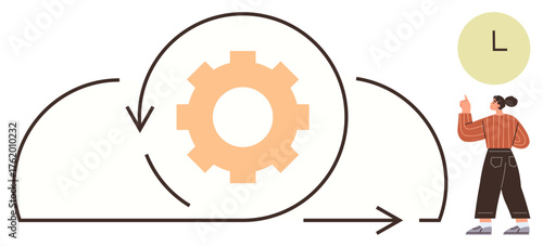 Gear encircled by looping arrows illustrating iterative work process. Woman pointing at clock highlights time efficiency. Ideal for planning, teamwork, productivity, management, workflow, business