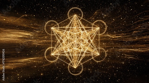 Geometric Metatron's Cube Spiritual Symbol in Golden Light on a Dark Background Representing Sacred Geometry and Cosmic Energy