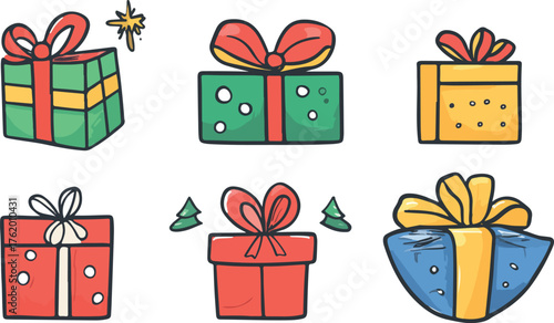 Colorful set of gift boxes with bows and ribbons for Christmas, birthday, or any holiday celebration