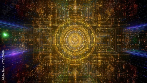 A Vibrant, Abstract Digital Artwork Depicting a Cosmic Mandala with Intricate Patterns, Radiating Colors and Lights in a Hypnotic, Futuristic Visual Design