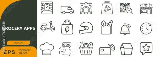 Grocery Apps Icon Set – Symbols of Food Delivery, Online Shopping, and Culinary Logistics