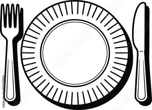 Paper plate with fork and knife illustration disposable tableware setup