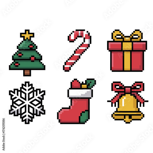 Christmas pixel icons set, tree with star, candy cane, gift box, snowflake, stocking, bell ribbon, 8 bit vector