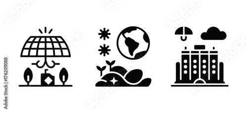 Sustainability and Green Energy Icon Set – Solar Panel, Earth Ecology, and Eco City Vector Illustration
