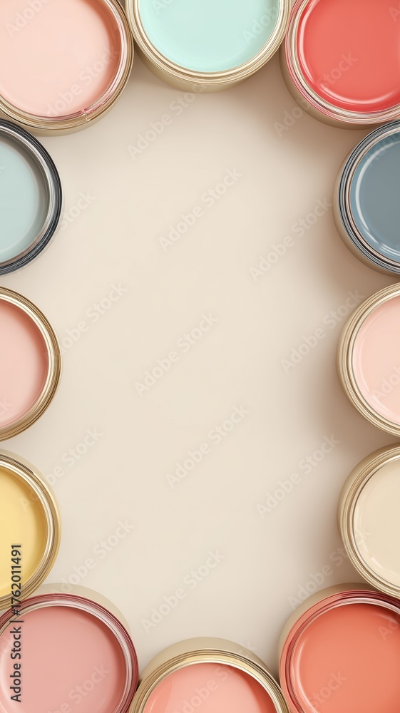 Fototapeta premium A color combination for interior design. Soft pastel color palette with coral, blush, mustard, and blue paint cans on beige.