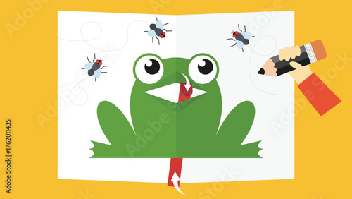 Illustration of a frog reading a book with a pencil and mosquitoes