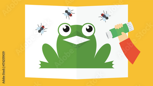 Cute frog with a bottle of insect repellent. Vector illustration