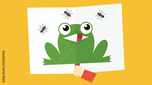 Illustration of a frog being tongue-tied with ants in the background