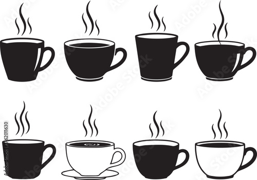 Collection of Eight Black and White Coffee Cups Keywords: coffee cups, mugs, cups, hot drinks