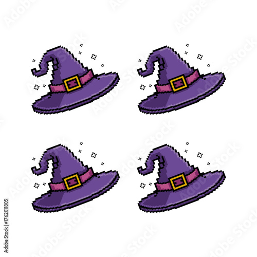 Purple witch hats set, magic accessories collection, halloween costume clipart, cartoon vector, spooky party, isolated background