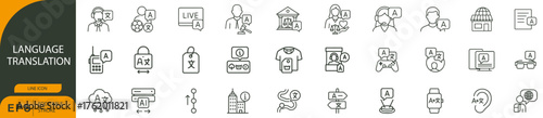 Language Translation Icon Set – Symbols of Multilingual Communication, Global Access, and Speech Tools