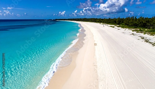 Fototapeta Naklejka Na Ścianę i Meble -  Aerial shot showcases a pristine beach with turquoise water meeting the shoreline, complemented by a strip of trees and blue sky with puffy clouds