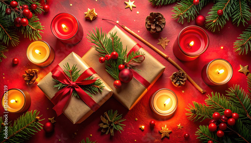 Festive Christmas scene with wrapped gifts, candles, and pine branches on red background
