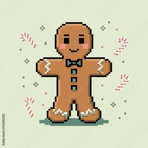 Pixel gingerbread cookie character, cute smiling face, candy confetti accents, holiday bakery theme, christmas dessert graphic, vector illustration