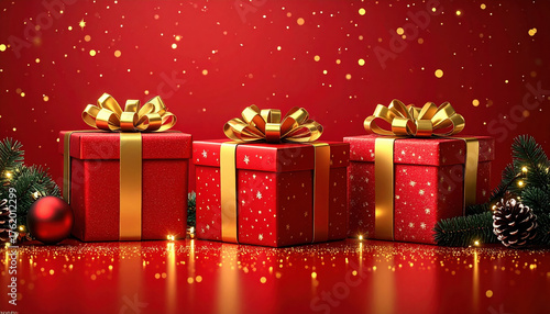 Festive red gift boxes with golden ribbons and pine decorations on sparkling background
