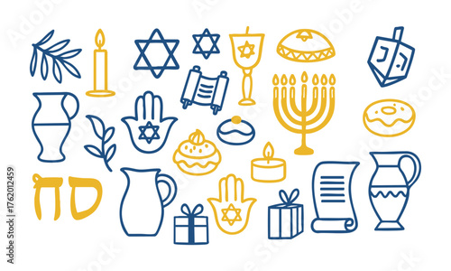  Menorah Dreidel and Holiday Symbols — Vector Doodles Illustration Set, Hanukkah elements, easily editable.